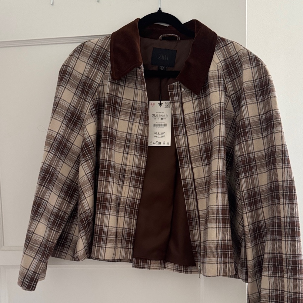Zara Cream and Brown Plaid Blazer